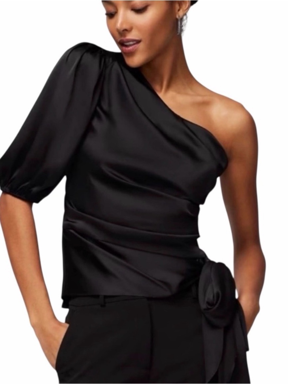 WHBM One-Shoulder Satin Top in Black
